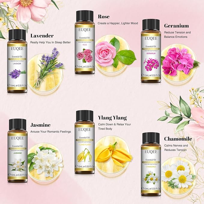 EUQEE Floral Essential Oils Set of 6 Pure Essential Oil Gift Set for Diffusers, Soap & Candle Making - Lavender, Rose, Ylang Ylang, Jasmine, Geranium, Chamomile Aromatherapy Oils - 10ml