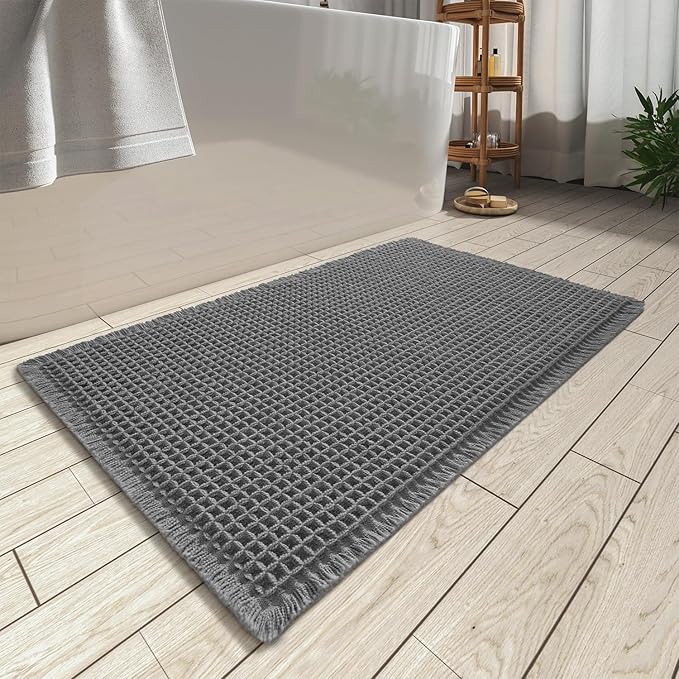 AMOAMI Upgraded Waffle Bath Mat, Super Absorbent Non Slip Bath Mats for Bathroom Floor, Machine Washable Bathroom Rugs with Tassels, Rubber Backed Bathroom Mats, Ultra Soft, 24" x 36", Dark Grey