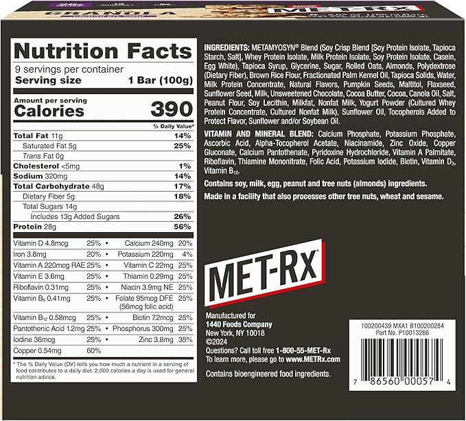 MET-Rx Big 100 Granola Protein Bar, Meal Replacement Bar, 28 G Protein, Chocolate Chip, Pack of 9