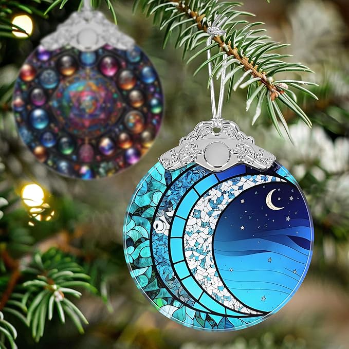 Art Blue Moonlight Stained Glass Orament - Christmas Ornament - Christmas Decorations for Tree - Holiday Present ldeas - Gift Exchange