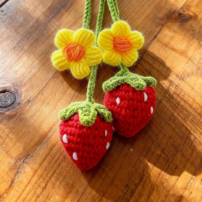 Crochet Strawberry and Flower Car Hanging Ornaments, Cute Aesthetic Rearview Mirror Hanging Accessories for Women and Girls, Handmade Polyester Fiber Car Decor 2-Pack (Red)