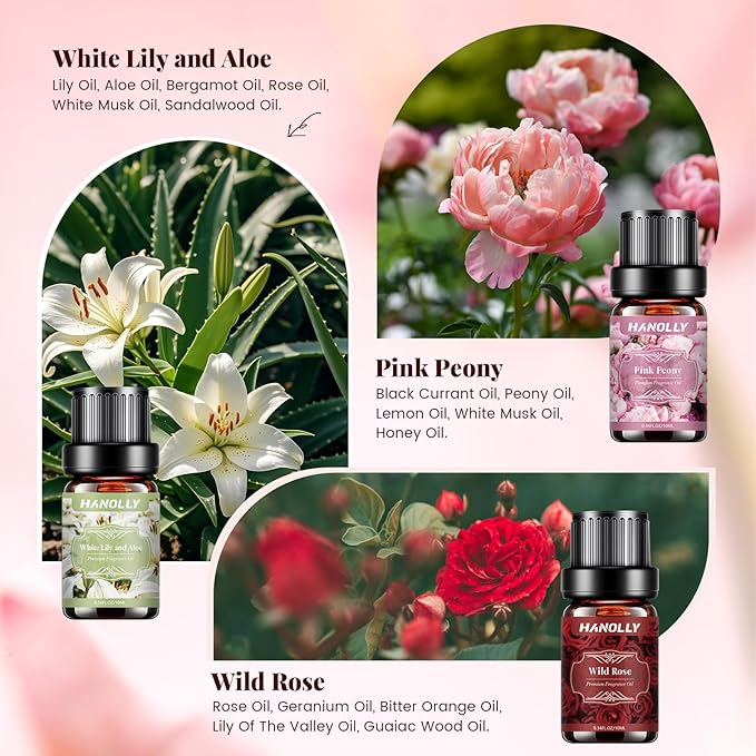 Floral Essential Oils Set - 6 Premium Fragrance Oil for Diffusers, Candle Making, Humidifier - Pink Peony, Wild Rose, Lavender, Sunflower Sandalwood, Bewitched Orchid, White Lily Aromatherapy Oi
