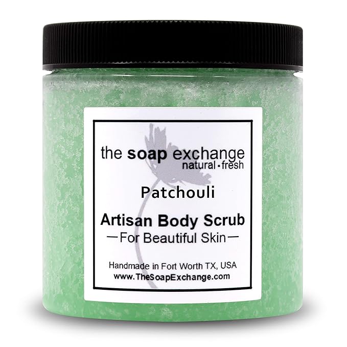 The Soap Exchange Sugar Body Scrub - Patchouli Scent - Hand Crafted 8 fl oz / 240 ml Natural Artisan Skin Care, Shea Butter, Exfoliate, Moisturize, & Protect. Made in the USA.