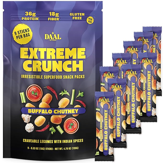 Daal By Keen Crunchy Mung Bean Snacks – Buffalo Chutney – Plant-Based Protein, High Fiber, Gluten-Free, Nut-Free – Mix into Salads or Enjoy as an On-the-Go Snack – 1 Resealable Pack, 4.76 oz