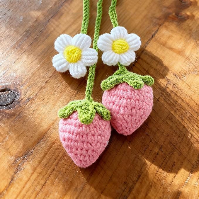 2 Pcs Strawberry Mirror Hanging Pendants, Kawaii Crochet Handmade Polyester Fiber Car Accessories for Women, Cute Car Decor Charm for Rearview Mirror,Decorations Gifts for Her