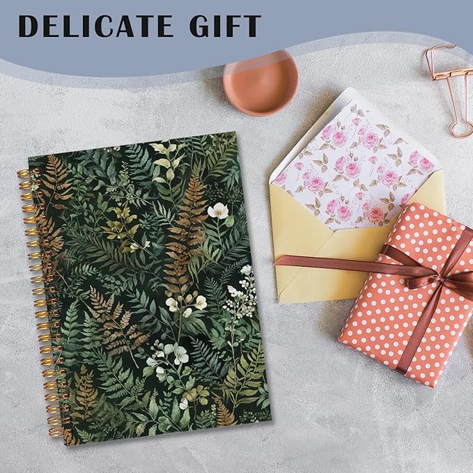 Dark Green Plants Spiral Notebooks, Botanical Journal, Fern Leaf Floral Journals for Writing, Rustic Cottagecore Flower Botanical Notebook for Note Taking, 5.5x8.3 Inch