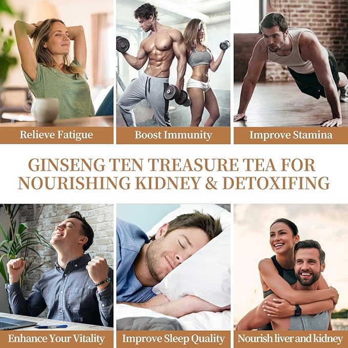 50Pcs Ginseng Ten Treasures Tea, Chinese Traditional Kidney Care Herbal Tea, Natural Kidney Cleanse Detox Tea for Women & Men, 10 Precious Ingredients Formula(50Bags, 600g)