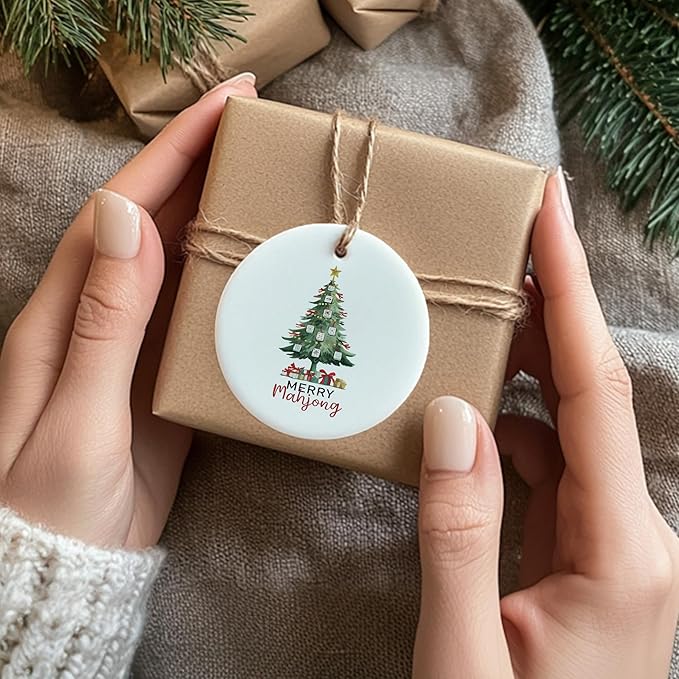 Christmas Mahjong Tree Ceramic Ornament Gifts, Retro Winter Mahjong Christmas Tree Decorative Hanging Ornaments for Xmas Holiday Party Decoration, Winter Xmas Decorations,Backpack Decoration