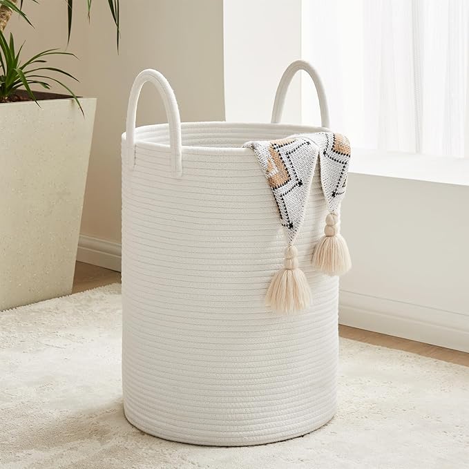 Cotton Rope Laundry Hamper by YOUDENOVA, 72L - Woven Collapsible Laundry Basket - Clothes Storage Basket for Blankets, Laundry Room Organizing, Bedroom Storage, Clothes Hamper – White