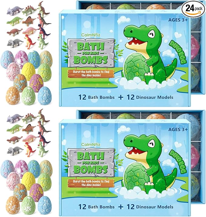 Bath Bombs with Surprise Dinosaur Toys Inside, 24 Pack Organic and Natural Bubble Bath Bombs,Stocking Stuffers for Kids, Bath Bomb Set for Her/Him (2 Sets)