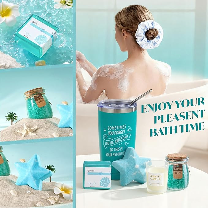 Briney 13Pcs Birthday Gifts for Women, Care Package for Women, Gift Basket, Unique Relaxing Ocean Themed Present for Mom Wife Sister Best Friend, Blue