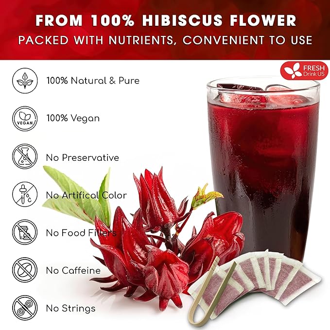 FreshDrinkUS, Premium 235 Hibiscus Flowers Tea Bags, 100% Natural, Pure from Hibiscus Flowers. Loose Flower Hibiscus Herbal Tea. Hibiscus Flower Tea. No Sugar, No Caffeine, No Gluten, Vegan.