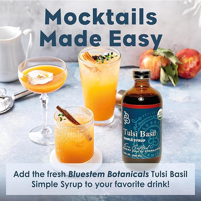 Bluestem Botanicals Organic Tulsi Basil Simple Syrup, 8 oz, Cocktail and Mocktail Mixer for Drinks, Non-Alcoholic