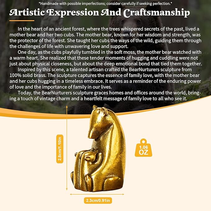 CHOVY BearNurturers Solid Brass Bear Family Sculpture - 100% Handcrafted Mother & Two Cubs Hugging Figurine, Heartwarming Collectible Art for Desk, Unique Gift for Nature & Animal Lovers