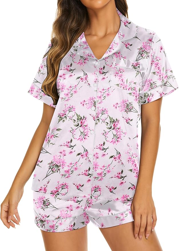 Ekouaer Silk Pajamas for Women Short Sleeve Sleepwear Soft Button Down Loungewear 2 Piece Satin Pjs Shorts Set S-XXL