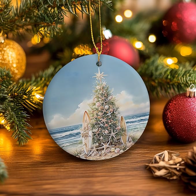 Coastal Beach Christmas Ceramic Ornament Gifts, Ocean Beachy Seashell Christmas Decorative Hanging Ornaments for Xmas Tree Holiday Party Decoration, Coastal Beach Xmas Tree Decorations