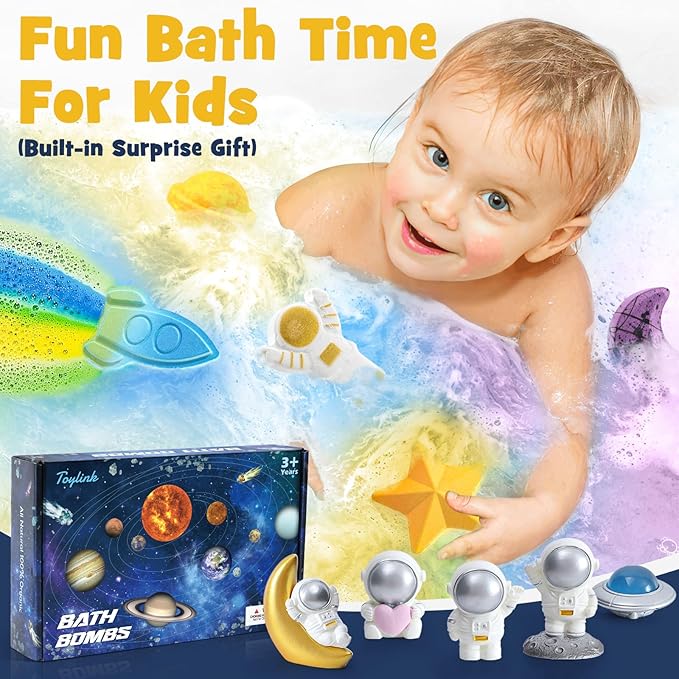 Space Bath Bombs for Kids with Surprise Inside, 8 Pack Kids Galaxy Bath Bombs with Space Toys for Toddler Boys Girls Handemade Rainbow Bubble Bath Fizzies Birthday Christmas Gift Set