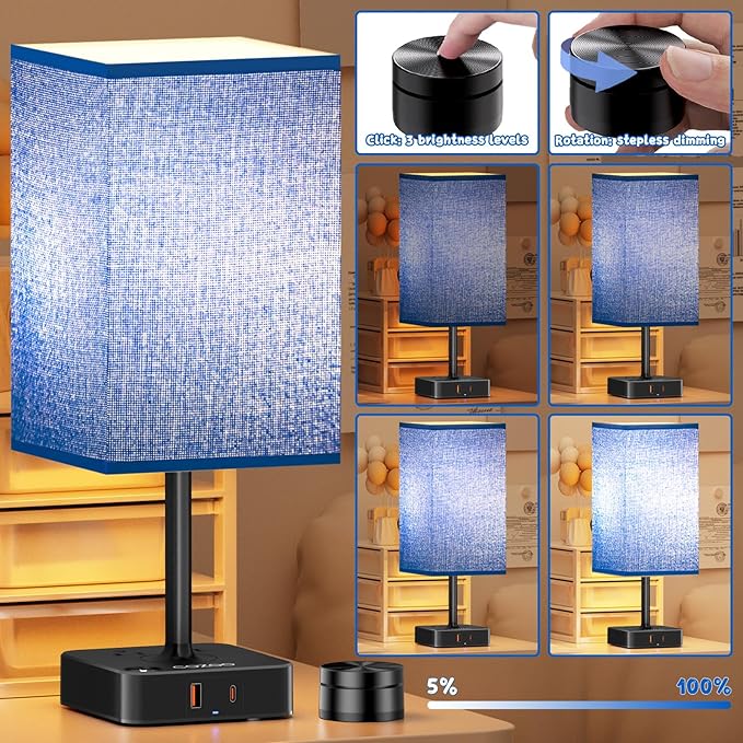 Bedside Lamp & Desk Lamp with Remote, Touch Control, USB-C/A Ports + Outlets | Blue Fabric Shade Nightstand Table Lamp for Bedroom, Living Room Lighting | Cute Modern Boho Lamp with Charging Station