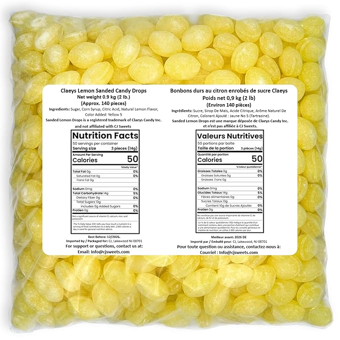Claeys Sanded Lemon Drops Candy - Bulk Candy Lemon Drops Hard Candy - 2 Pounds - Christmas Candy – Ideal for Holidays, Sour Candy Lovers – Lemon Flavor