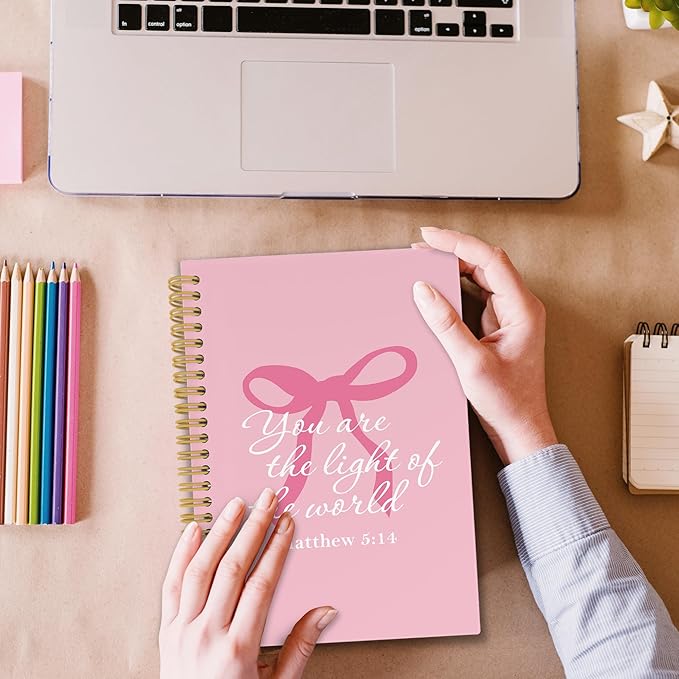 Coquette Pink Bows Spiral Notebook, Christian Bible Verse Journaling Notebooks for Note Taking, Preppy Aesthetic Inspirational Hardcover Journals for Teen Girls Women, 160 Pages 5.5 x 8.3 Inch