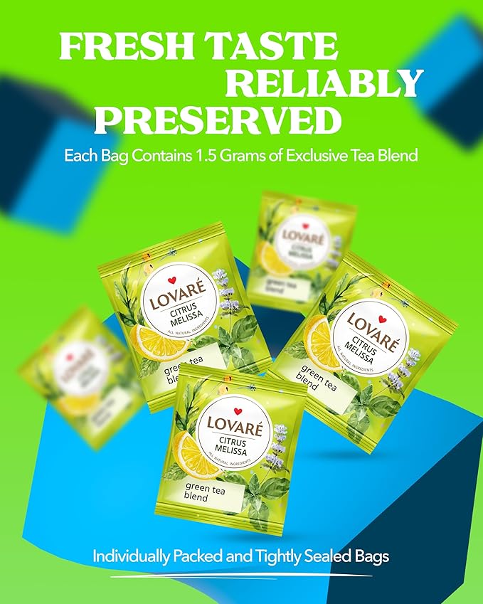 LOVARE Citrus Melissa Tea Bags 48 g - Made in Ukraine - Green Tea, Mint, Melissa, Lemongrass, Orange Peel - Tea Bags Individually Wrapped - Gift Box Sets for Tea Lovers (32 Tea Bags x 1.5 g Each)