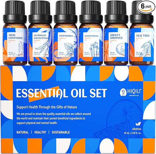 HIQILI Essential Oils for Diffusers for Home，Top 6 Gift Essential Oil Set，Include Lavender, Orange, Peppermint, Tea Tree, Eucalyptus, Lemongrass，Beginner Kit（10ML*6）