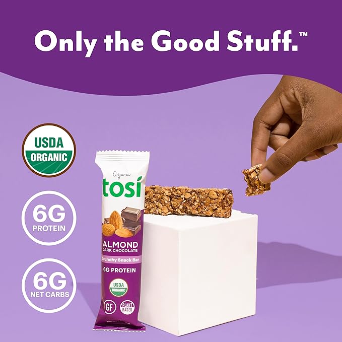 Tosi Dark Chocolate Almond Protein Bars, Plant Based with Nuts, Gluten-Free Crunchy Snacks, Vegan, Organic, Flax & Chia Seeds, Soy-Free, Omega 3s, 6G Protein, 1 oz, 12-Pack