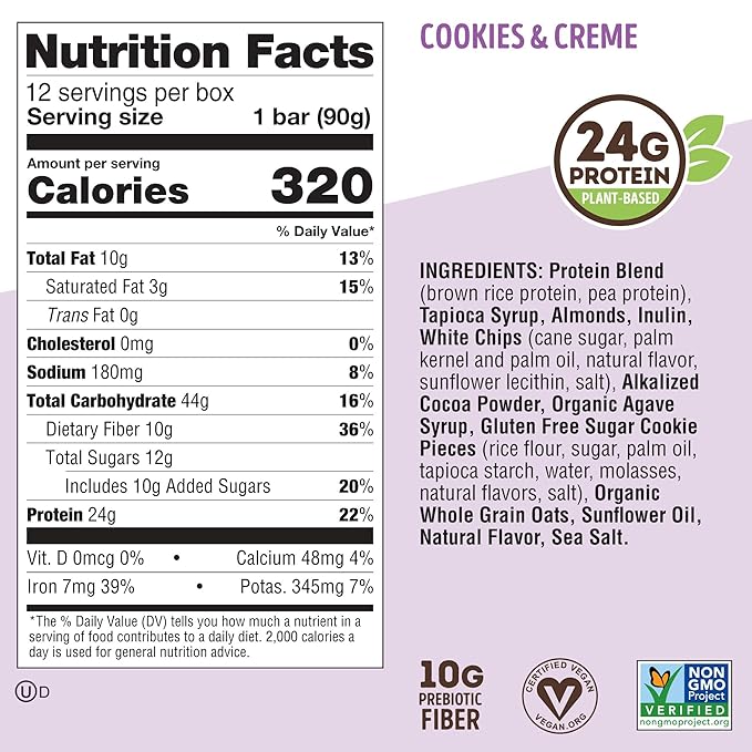 Lenny & Larry's Cookie-fied BIG BAR – Cookies and Creme Vegan Protein Bars 12x90g – Healthy Snacks, 24g Plant Protein & 10g Prebiotic Fiber – Gluten free Power Bar, Keto Friendly & Vegan