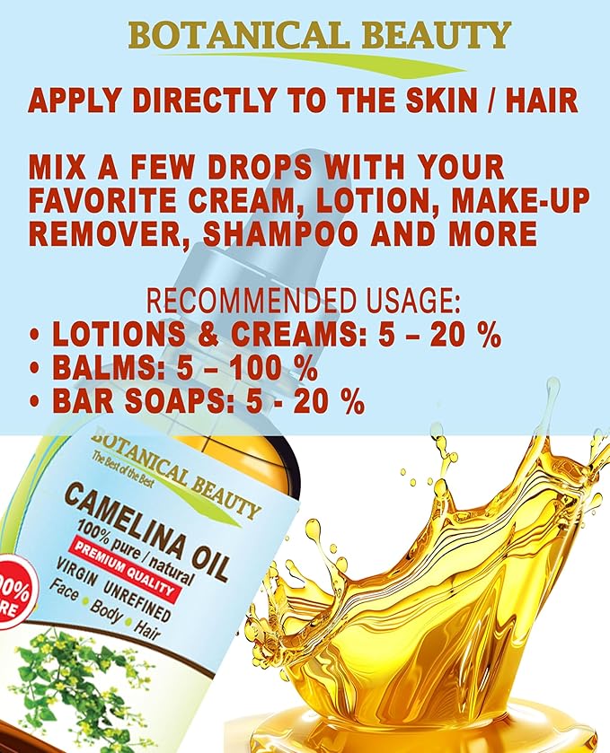 Botanical Beauty CAMELINA OIL 100% Pure Natural VIRGIN UNREFINED Cold-Pressed Carrier Oil 1 Fl oz 30 ml for Face, Skin, Body, Hair, Lip, Nails. Rich in Vitamin E, Omega 3