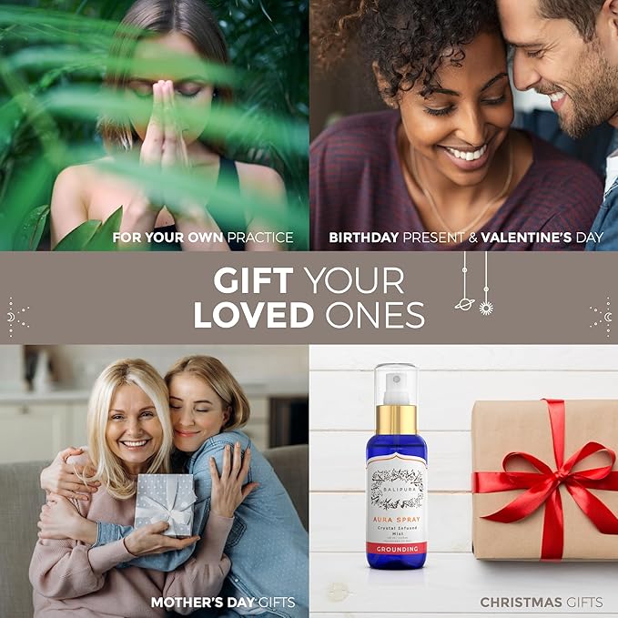 BALIPURA - Grounding Cleansing Healing Aura Spray - Natural Infused Auric Crystals & Gemstones - Vanilla & Clove Essential Oils Blend - Handmade in Bali - 3.4 fl.oz