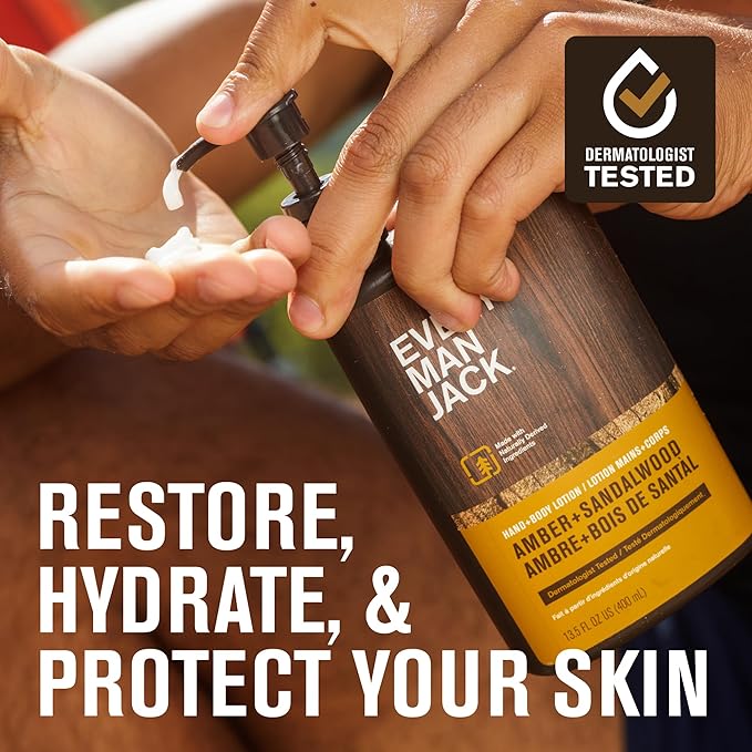 Every Man Jack Mens Amber + Sandalwood Hand & Body Lotion for All Skin Types - Dermatologist Tested & Hypoallergenic - Nourish Skin with Lightweight Fast Absorbing Lotion - 13.5oz 2 Bottles