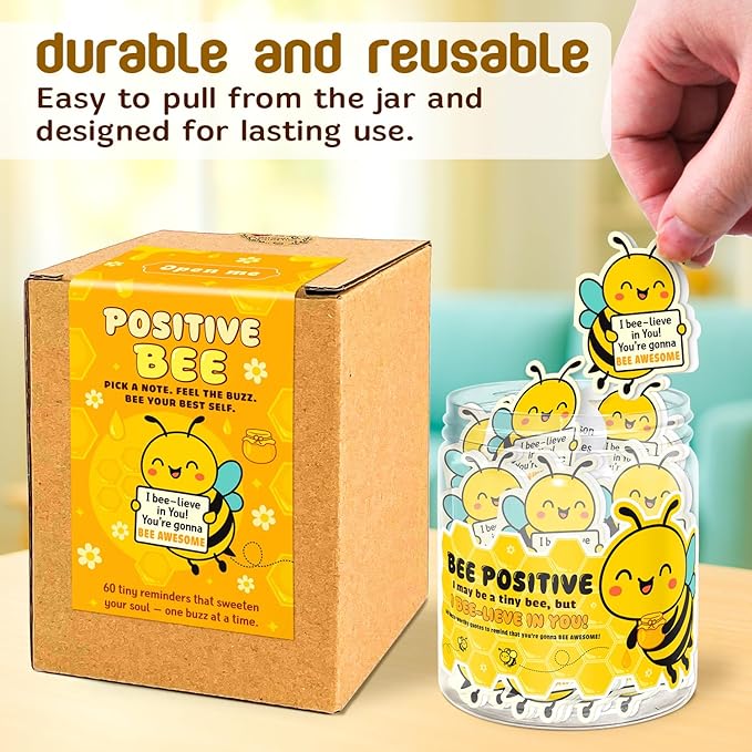 Emotional Support Bee – Bee Gifts For Bee Lovers, Women, Friend - 60 Positive Bee Daily Affirmation Cards Jar – Inspirational Gifts for Women - Self Care Gift for Coworkers, Teens, Friends, Boss