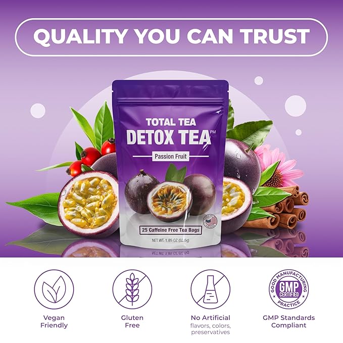 Total Tea SIimming Detox Tea Caffeine Free - 25 Day Detox - Herbal Tea with Chamomile, Hibiscus Tea & Ginger Root for Colon Cleanse – Natural Passion Fruit Herbal Tea