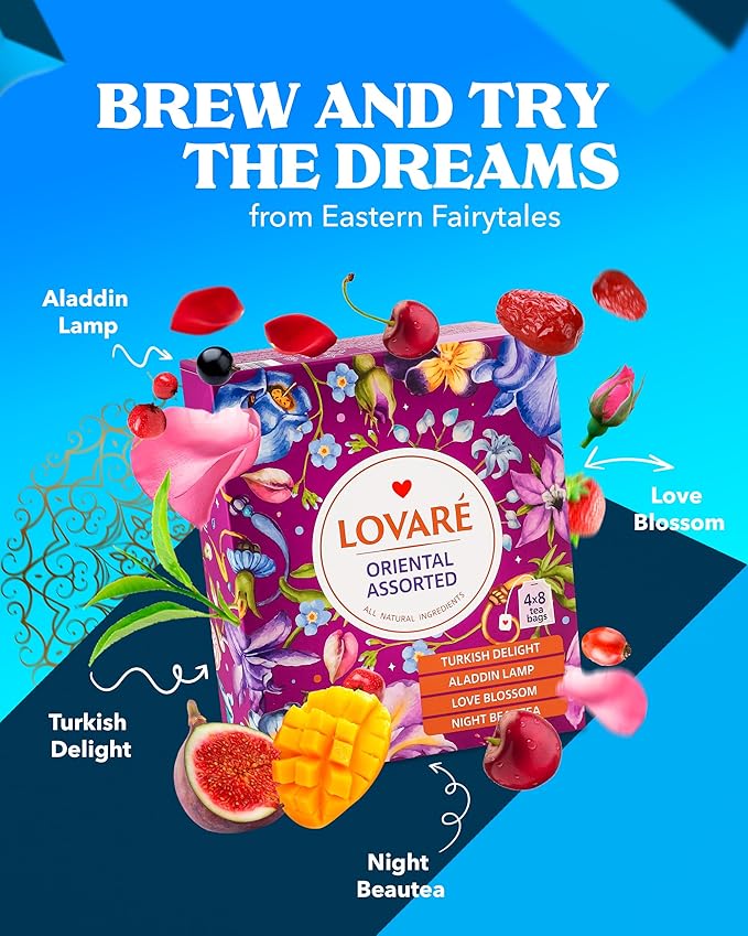 LOVARE Oriental Assorted Tea Variety Pack 32 Pack - Made in Ukraine - Tea Bags Individually Wrapped - Turkish Delight, Aladdin Lamp, Love Blossom, Night Beautea - Assorted Tea Bags Variety Pack