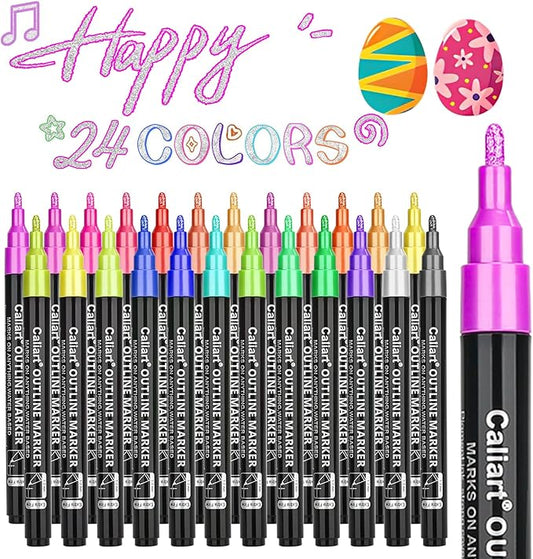 Caliart 24 Colors Outline Glitter Markers, Shimmer Metallic Pens Stocking Stuffers Christmas Gifts Trendy Stuff, Cool Fun Craft Drawing Arts Supplies Set