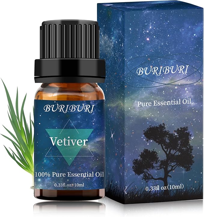 BURIBURI Vetiver Essential Oil Organic for Diffuser, Skin, Candle Soap Perfume Making - 100% Pure, Undiluted, Natural, Aromatherapy Vetiver Oils 10ML