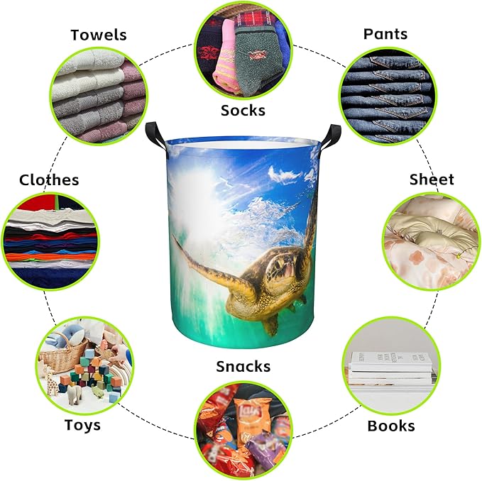 Hawaiian Green Sea Turtle Laundry Basket Foldable Laundry Hamper Waterproof Oxford Cloth Large Laundry Basket Clothes Storage Bucket Toy Organizer For Bathroom,Laundry,College 17.3 x16.5 Inch