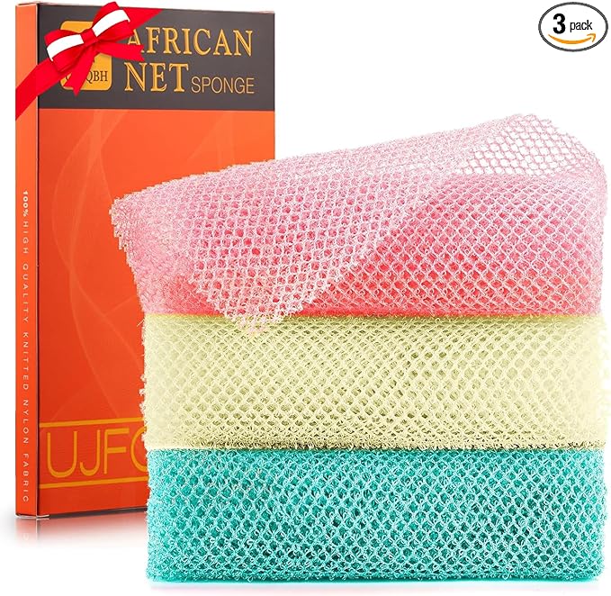 UJFQBH 3 Pieces African Net Sponge, African exfoliating net African Net Long Net Bath Sponge Exfoliating Shower Body Scrubber Back Scrubber Skin Smoother（Pink, Green, Off-White）