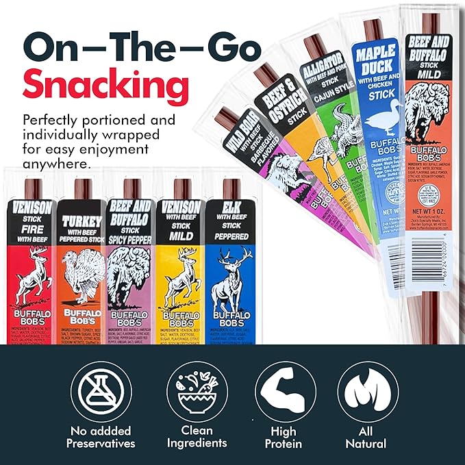 Jerky-n-Spice Wild Game Meat Sticks (10-Pack) | Ultimate Exotic Snacks | Beef Jerky Gifts for Men | Delicious Jerky Variety Pack Ideal for Anniversary, Camping, Hunting & Birthday Events