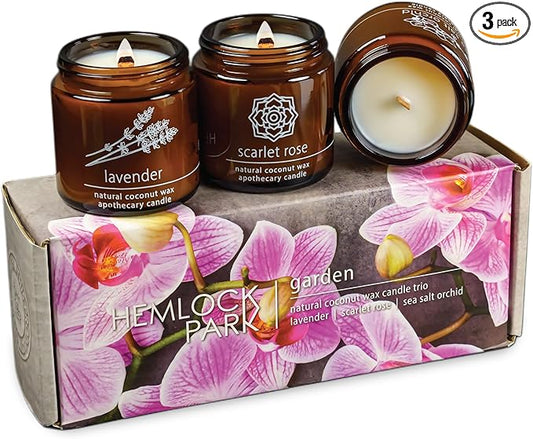 Hemlock Park Apothecary Wood Wick Candle Trio | Gift Set of Three 4 oz Candles Handcrafted with Natural Coconut Wax (Garden | Lavender, Scarlet Rose, Sea Salt Orchid)