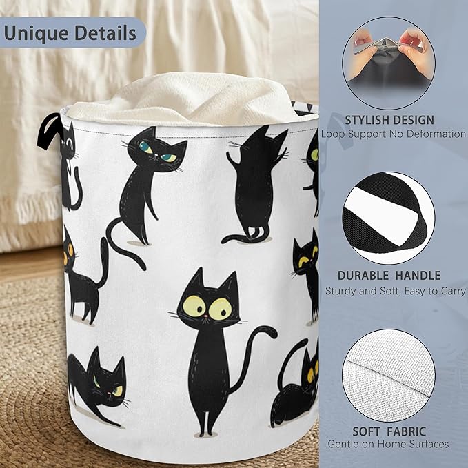 Funny Black Cat Laundry Hamper,Dirty Clothes Laundry Basket with Handles Waterproof Oxford Cloth Storage Basket for College Dorms Bathroom Bedroom 16" x 20.8"