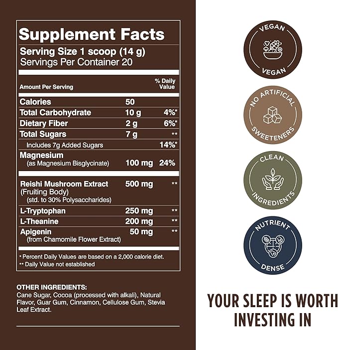 Calm Evening Tonic Sleep Powder - Cinnamon‑Cocoa Nighttime Superfood Drink Mix - Magnesium, L‑Theanine, Reishi Mushroom & L‑Tryptophan for Deep Sleep & Recovery, No Grogginess - 20 Servings