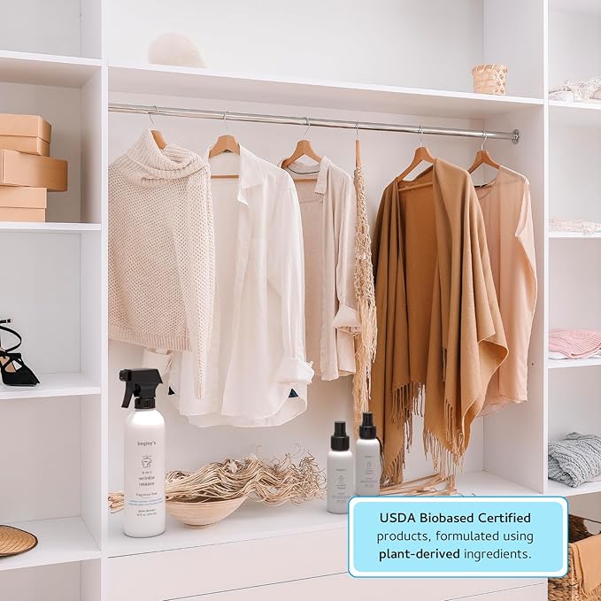 Begley's 3-in-1 Wrinkle Remover, Quick Fix Wrinkle Release, Static Cling Remover, Odor Eliminator and Fabric Refresher Spray - USDA Certified Biobased - Fragrance-Free, 16 oz, 2 Pack