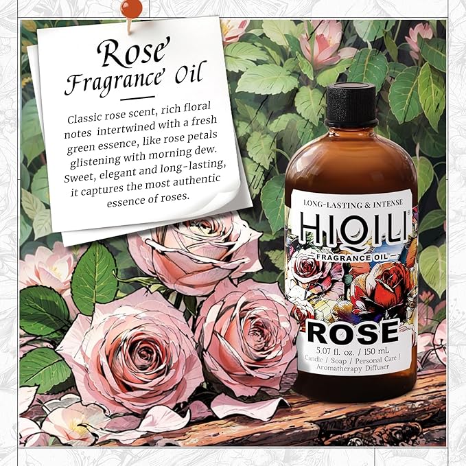 HIQILI Rose Fragrance Oil for Candle & Soap Making, Essential Oil Diffuser, Floral Scents, Add to Laundry Dryer Balls - 5.07 Fl Oz