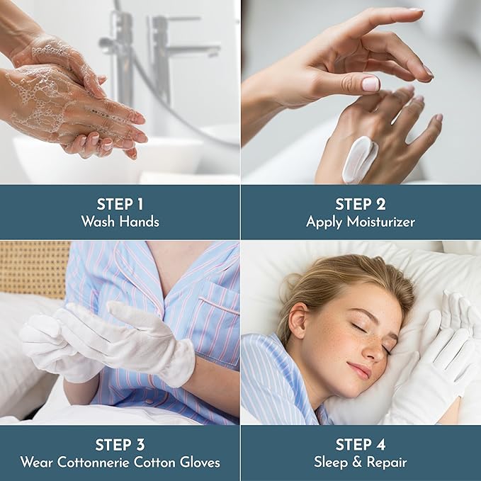 Cottonnerie Original Cotton Gloves for Dry Hands Sleeping, Moisturizing Gloves Overnight, Hand Moisturizer Gloves, Moisture Gloves for Dry Hands Overnight, Sleeping Gloves, Large 4 Pairs