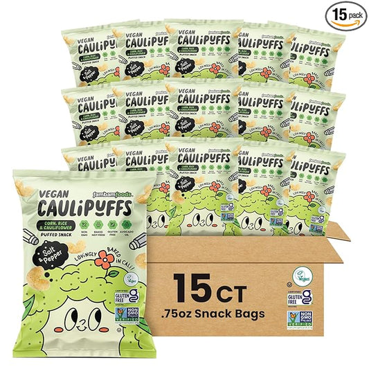 CauliPuffs - Corn, Rice, and Cauliflower Gluten Free Puffed Snack (15 x 0.75oz Bags, Vegan Salt & Pepper)