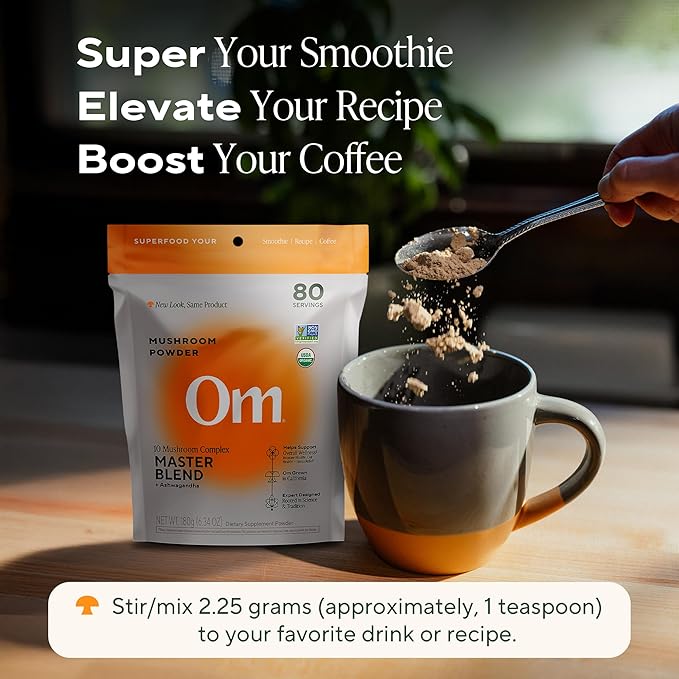 OM Mushrooms Master Blend Mushroom Powder – Organic Mushroom Supplement with 10 Mushrooms and Ashwagandha - Support Immunity, Gut Health & Stress Relief, 6.34 oz (80 Servings)