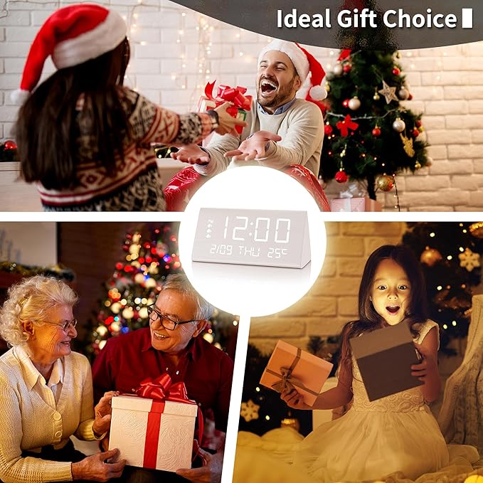 JALL Digital Alarm Clock, with Wooden Electronic LED Time Display, 3 Alarm Settings, Weekday/Weekend Mode, Temperature Detect, Wood Made Electric Clocks for Office, Bedroom, Bedside