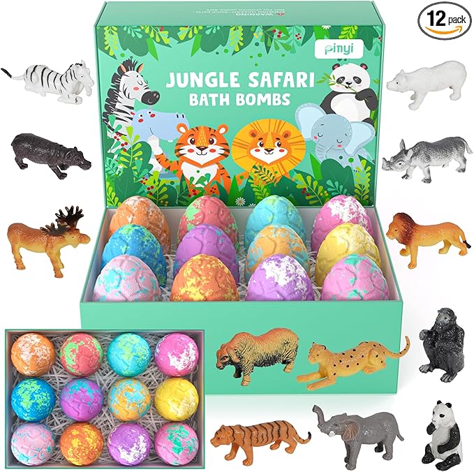 Bath Bombs for Kids with Surprise Inside, 12 Pack Kids Bath Bombs with Jungle Animal Toys for Boys Girls, Safe Handmade Fizzy Balls Dino Egg Bubble Safari Bath Bomb Gift Set for Easter Birthday