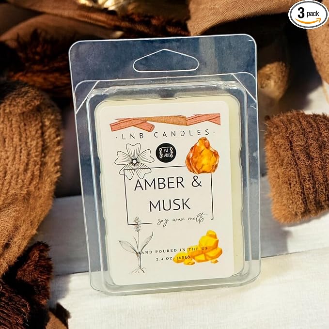 3 PACK Amber Musk Wax Melt Made In USA Fragrance Melts Tarts Luxury Premium Soy 3 2.4 ox Clean Ingredients Essential Oils Hand Poured Cubes Long Lasting Strong Scent